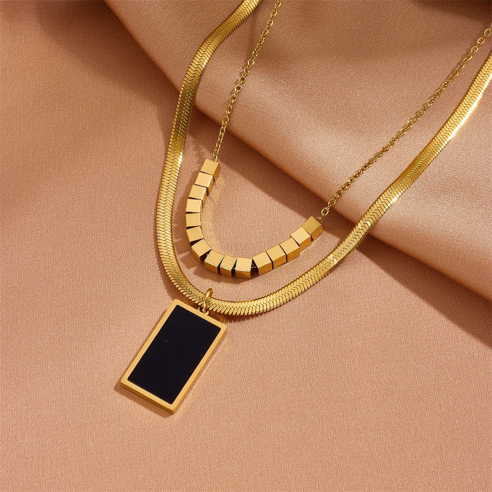 Wholesale Stainless Steel Geometric Black Square Double Layer Necklace